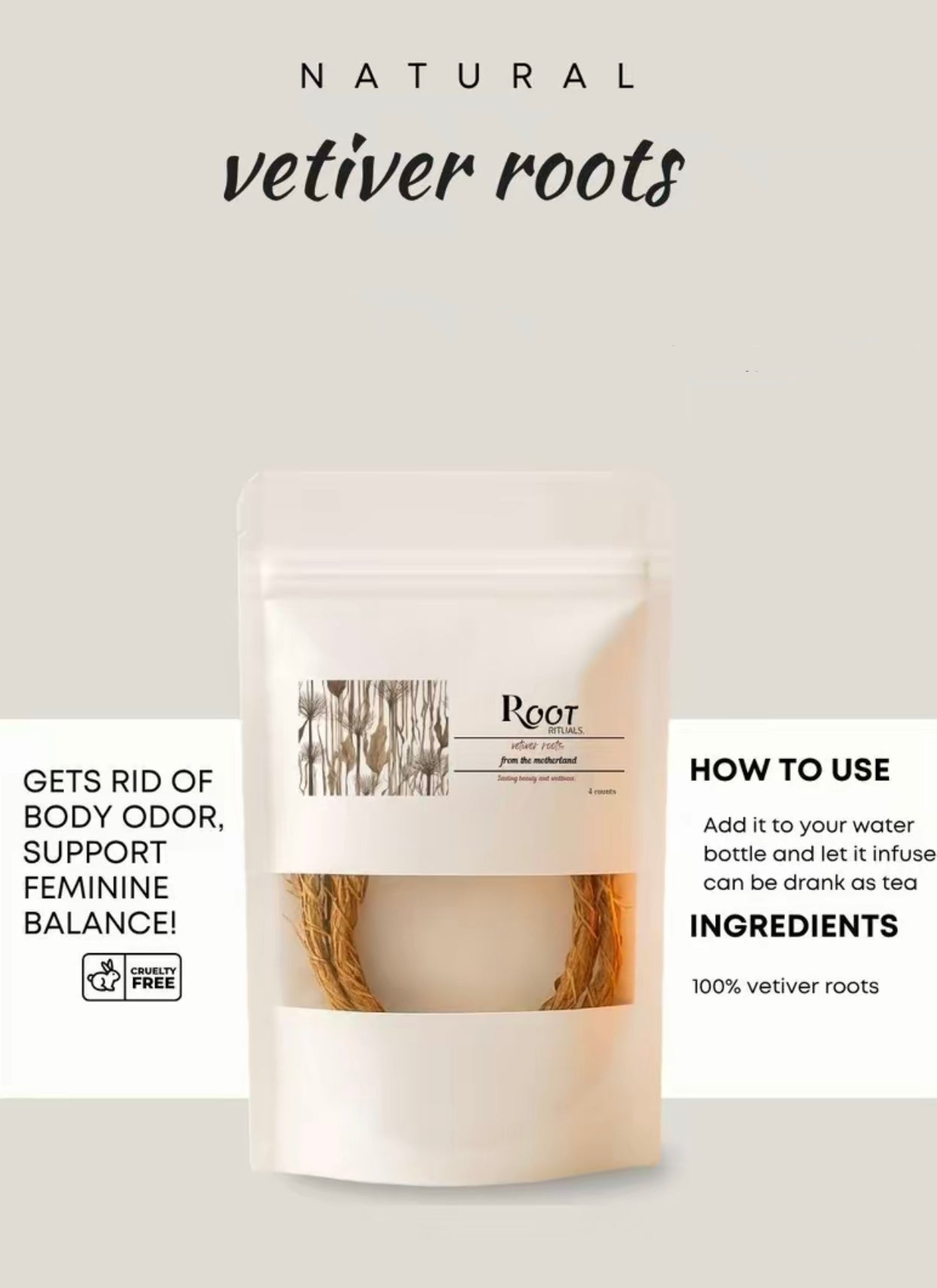 Vetiver Root (Odor, pH Balance, Stress, Lymphatic Detox)